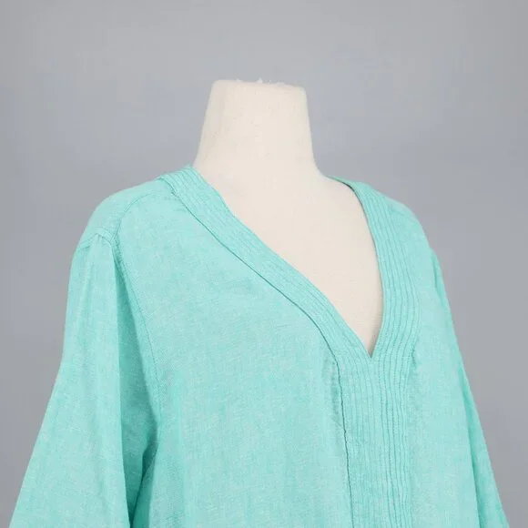 SIGRID OLSEN Linen Blend V-Neck 3/4 Sleeve Tunic Top Aqua Green Size 3X - Picture 3 of 7